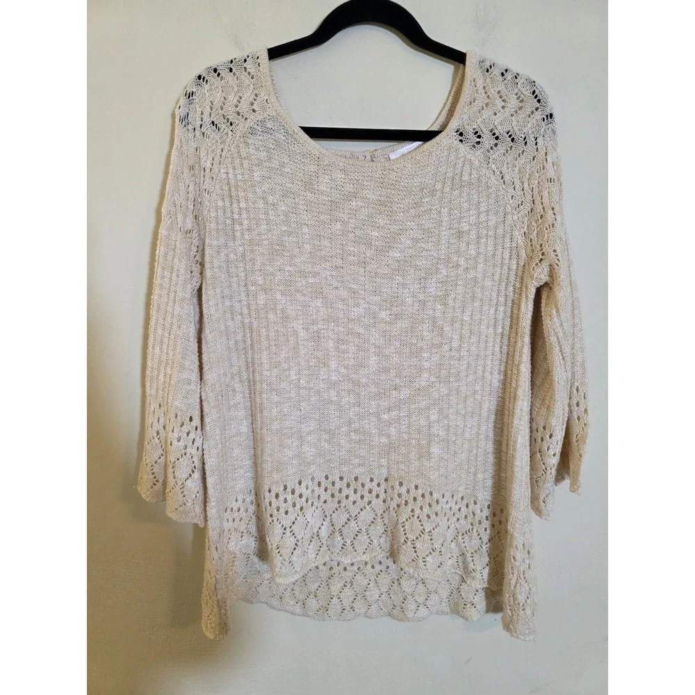 LC Lauren Conrad Cream Pointelle Knit Bell Sleeve‎ Sweater Medium Scoop Neck